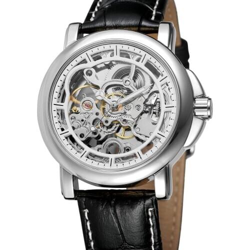 FORSINING WATCH Fashion simple casual mens watch silver case white dial black leather strap automatic mechanical watch