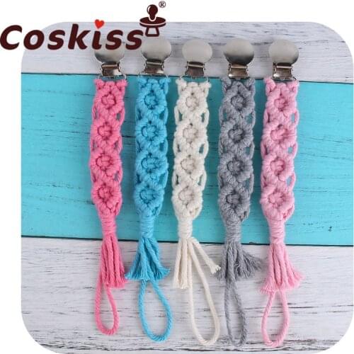 Coskiss 1pcs Baby Wooden Teether Pacifier Clip Chain Hand-Woven Rope Crochet Beads Rodent Soother Clip Baby Shower Gift for Kid