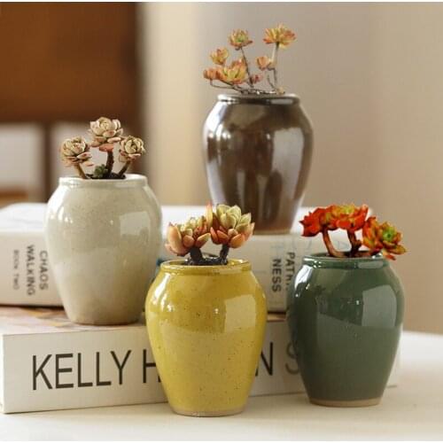 Home Garden Decoration Simple Bright Glaze Ceramic Mini Succulent Flower Pot Hand Painted Container Balcony Green Planting