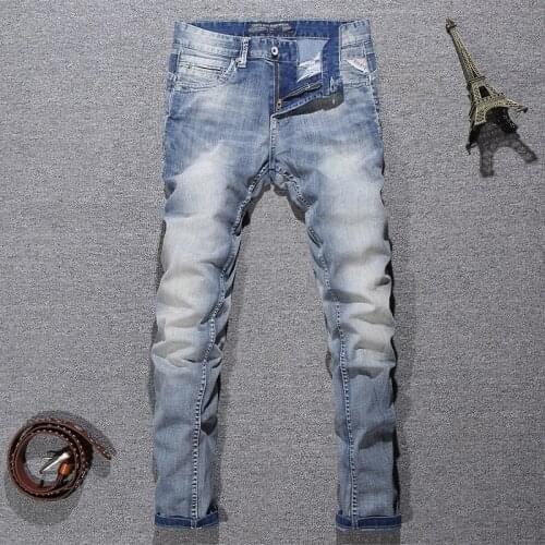 European Vintage Fashion Men Jeans Retro Light Blue Plain Wash Classical Simple Designer Slim Jeans Casual Cotton Denim Pants