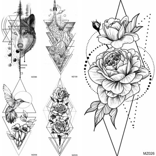 Geometric Flower Temporary Tattoo Sticker Fake Lotus Wolf Hummingbird Wave Tatoo Waterprood Black Body Art Arm Decoration Tatoo
