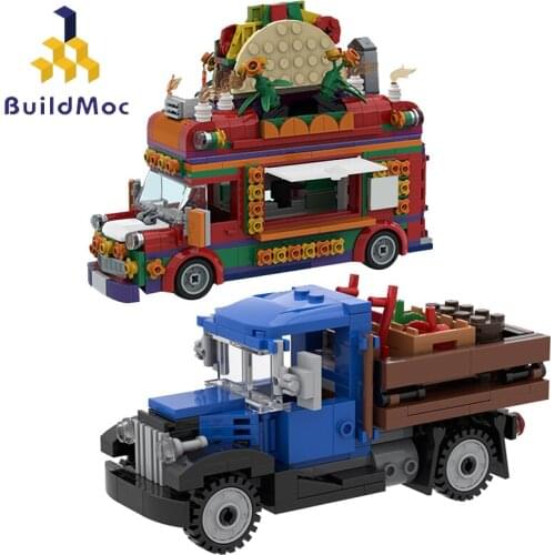 Buildmoc Street View City Town Traffic Taco Food Truck and 1930s Farm Truck Mini Car Building Blocks Toys For Children Gift