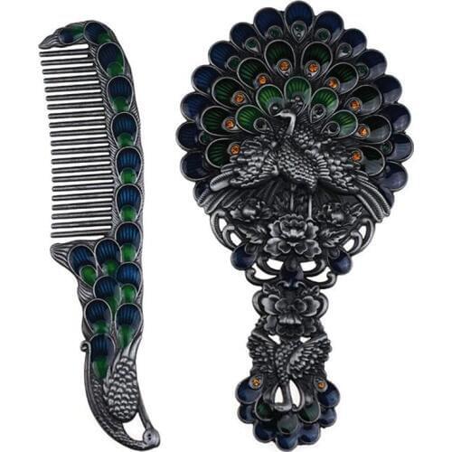 1 set Exquisite Retro peacock design makeup mirror maquillaje espejo Metal Portable mirror comb set Vintage Cosmetic mirror