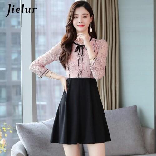 Jielur Lace Dresses Patchwork Slim High Waist Women Dress Long Sleeve Elegant Robe Hiver Femme New Autumn M-3XL Pink Dress