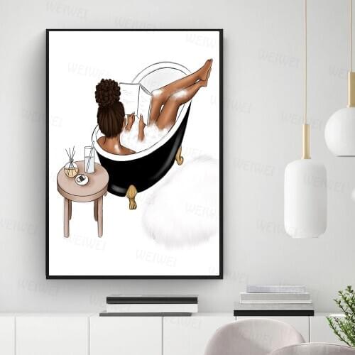 African American Fashion Art Bathroom Canvas Painting Nordic Poster Me Time Girl Take Shower Wall Pictures for Living Room Decor