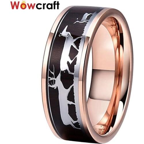 8mm Mens Women Rose/Gold/Silver Tungsten Carbide Ring Deer Family Wood Inlay Engagement ring Wedding Band Fathers Mothers Gift