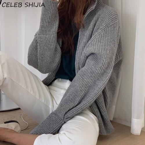 Korean Chic High Neck Zipper Cardigan Autumn and Winter Loose Warm Gray Long Sleeve Knitted Sweater Coat for Women Fall