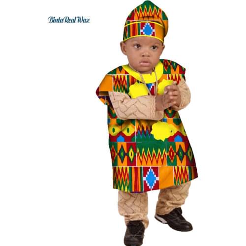 Lovely Baby Girls Dresses with Hat African 100% Cotton Print Dresses for Children Bazin Riche African Kids Clothing WYT295