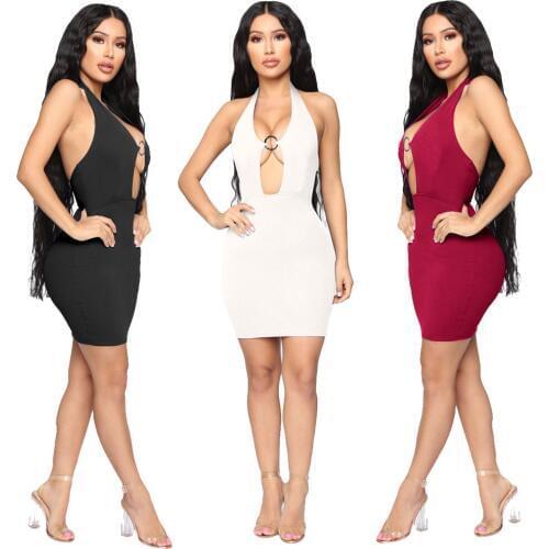 Summer New Sexy Deep V Neck Halter Backless Bodycon Dress Women Solid Package Hip Night Club Party Mini Black Fashion Vestidos