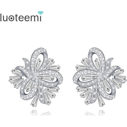 LUOTEEMI New 2016 AAA CZ White Gold-Color Romantic Style Ribbon Statement Stud Earrings For Womens Luxury Fashion Brijoux