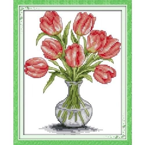 Tulip vase Flowers Style Cross Stitch set Canvas 11CT Fabric 14CT DMC Embroidery Needlework Printing pattern Cross-stitch Kit