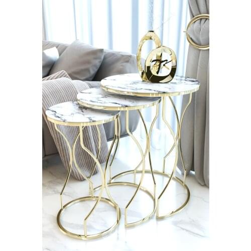 Unbreakable Glass Gold Dream Model Nesting Table Set (White Marble Pattern)