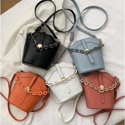 2021 New Trending Office Lady Solid Color PU Bucket Bag Flap With Chain For Women JS6229