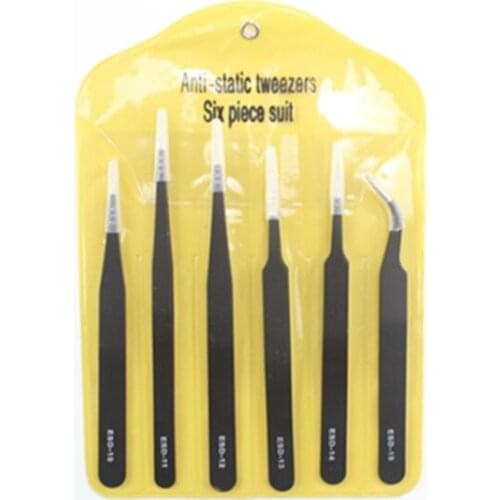 Yellow 6-piece bag packaging stainless steel black tweezers 1.5mm1.0 pointed elbow pointed mouth non-magnetic suit
