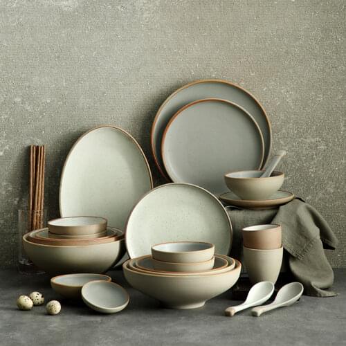 Simple Modern Plate Set Japanese Style Solid Color Porcelain Dinner Sets Soup Bowl Talerze Obiadowe Zestaw Cutlery Set DJ60PS