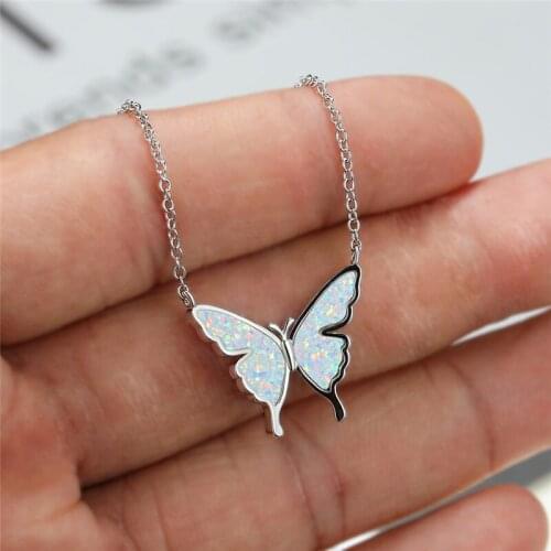 Luxury Bridal Butterfly Wedding Necklace Cute Female White Opal Pendant Necklace Classic Silver Color Animal Necklaces For Women