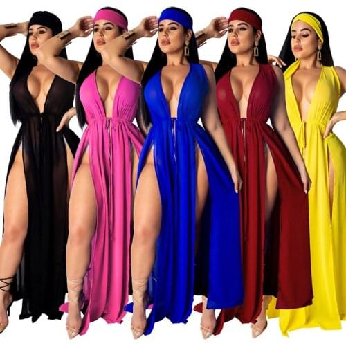 Deep V-neck Elegant Young Slim Party Sexy Night Club Dress Summer Sleeveless Dress Women Sexy High Split Bikini Cover Up