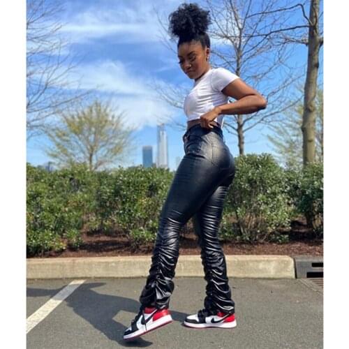Streetwear Women Pants PU Leather Pleated Stacked Y2K Style Black High Waist Tight Stacking Trousers Fashion Chic Women Clothes