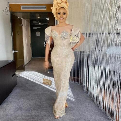 Gorgeous Champagne Evening Dresses 2021 Lace Tassels Sheath Aso Ebi Prom Dress African Women Party Gowns Long Abendkleider