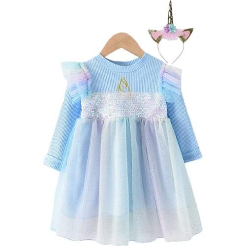 Spring Unicorn Dress For Girl Full Sleeve Sequin Decoration Toddler Kids Carnival Costume Party Princess Dresses Birthday Gift