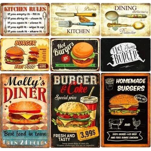 Vintage Kitchen Rules Plaque Burgers Fries Metal Tin Sign Cafe Home Room Decor Fast Food Metal Plate Dinning Wall Poster N376