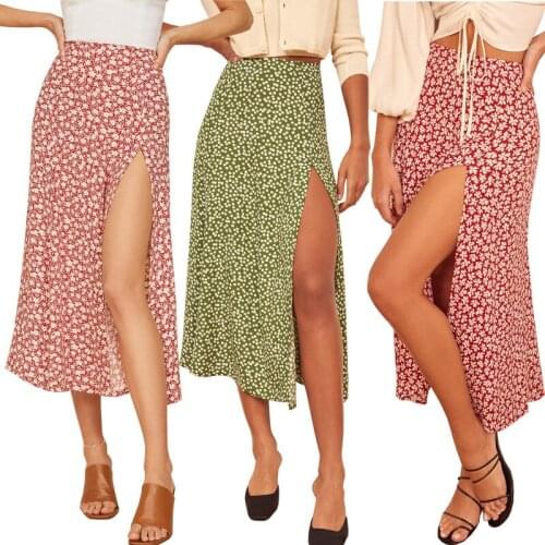 Women Summer Skirt Fashion Casual High Waist Floral Beach Skirt Elegant Boho Vacation Mid-Length A Line Split Skirt