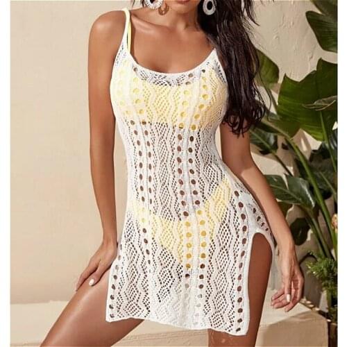 2021 New Women Bikini Cover-ups Summer Sleeveless Sexy Beach Dress Solid Color Hollow Out See Through Split Swimwear Cover Ups