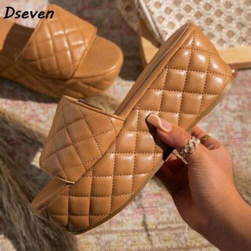 2021 Summer New Women Slippers Thick Bottom Plaid Pattern One-line Female Platform Sandals Ladies Casual Slippers Outside Shoes