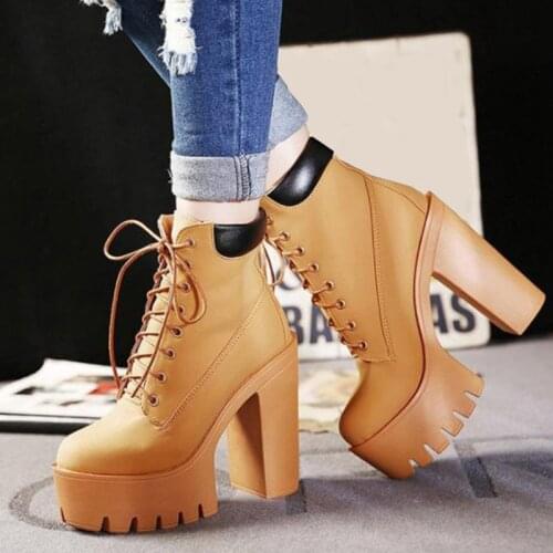 Comemore New 2022 Platform Ankle Boots Women Autumn Lace Up Thick High Heel Ladies Woman Fashion Shoes Womens Casual Footwear