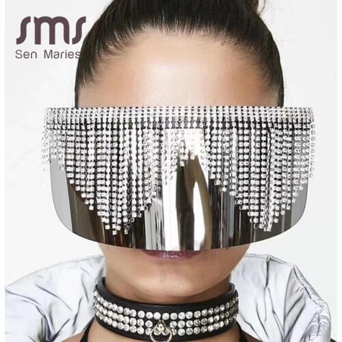 Fashion Rhinestone Oversized Mirror Sunglasses Women Men Luxury Big Frame Mask Diamond Eye Protection Silver Glasses Shade UV400