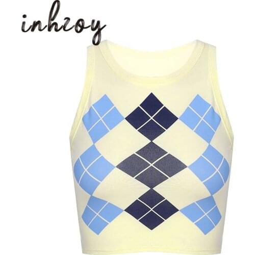 Women Geometric Rhombic Printed Vest Sexy Crop Tank Top E-Girl Y2k Casual Preppy Style Sleeveless Slim Bodycon Short T-Shirt