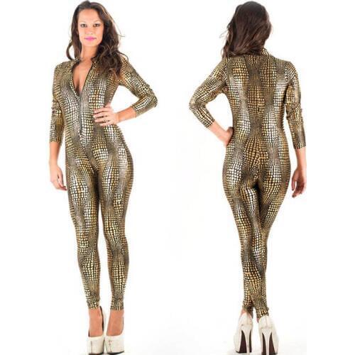 Crocodile Pattern Women Jumpsuit Fesish Faux Leather Front Zipper Vinly Backless Catsuit Club Costume Leather Jumpsuit