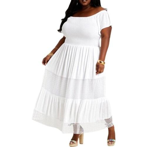 Plus Size Clothes For Women Party Long Dress Elegant Robe Chic Lace Hollow Out Off Shoulder Short Sleeve White Dress Vestidos