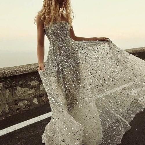 New Years Party Dress Women 2020 Sleeveless Ladies Evening Maxi Dress White Gold Backless Mesh Bodice Sequin Aesthetic Dress