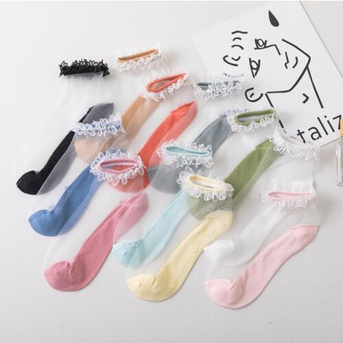 1 Pair of Lace Edge Crystal Silk Transparent Ultra Thin Womens Socks Shallow Mouth Japanese Super Thin Fairy Socks in Summer