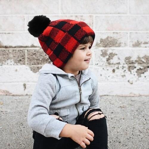 2021 Xmas Baby Hat Winter Fur Ball Parent-Child Knitted Hat 2pcs Christmas Warm Hat Plaided Beanie Caps For Baby & Mom Gifts