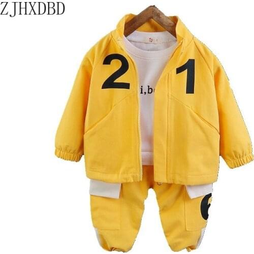 Boys 3 Pieces Sets 2020 Autumn New Mandarin Collar Letter T-shirts Coats Pant 3pcs Suits Baby Boys Kids Childrens Sets Clothing
