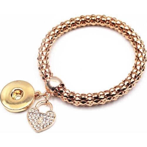 6pcs/lot Rose Gold Elastic Snap Bracelet With Herat Crystal Dangle Charms For Women Men 18mm Snap Buttons Bracelet Jewelry