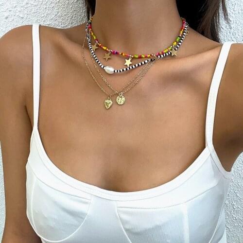 Bohemian Handmade Beaded Clavicle Necklace 4pcs/set Round Heart Star Pendant Choker Necklace for Women Girl Party Jewelry Collar