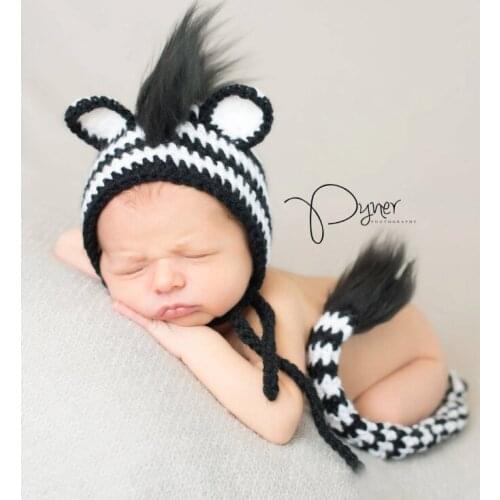 Baby Knitted Long Tails Zebra Hat Newborn Photography Props Black White Stripe Crochet Baby Hats Baby Props For Fotografia