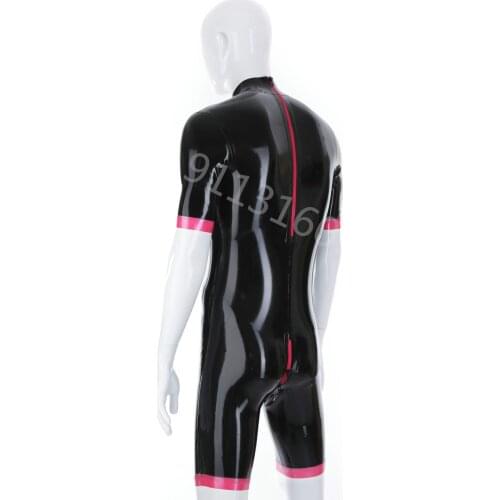 Half Sleeve Latex Catsuit Sexy Rubber Bodysuits Half Pants Men’s Black Tight Clothing Fetish Jumpsuit Athletic Wear