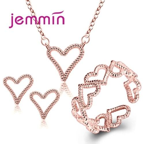 Genuine 925 Sterling Silver Bridal Jewelry Set Heart Pendant Necklace Adjustable Ring Stud Earrings Excellent Quality Present