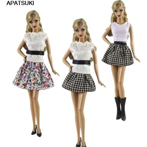 Fashion Doll Clothes Set For Barbie Doll Outfits White Shirt Tank Top Floral Plaided Skirt 1/6 BJD Doll Accessories Toys Gift