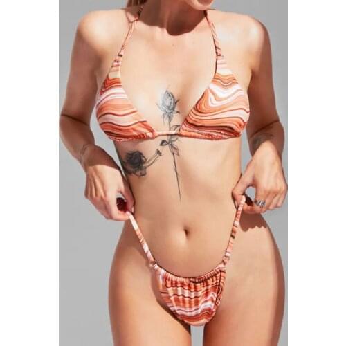 ZAFUL Marble Print Plunge String Bikini Swimwear Low Cut Bikini Plunge Marble Print String Bikini Swimwear