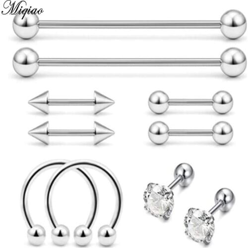 Miqiao 10 Pcs/set Stainless Steel Tongue Eyebrow Belly Nose Ring Multi Function Mix Styles Lip Earrings Body Piercing Jewelry