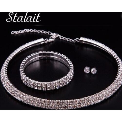 Fashion Women Wedding Jewelry Sets For Bridal Silver Color Jewelry Rhinestones Choker Necklace Earrings Bracelet Sets