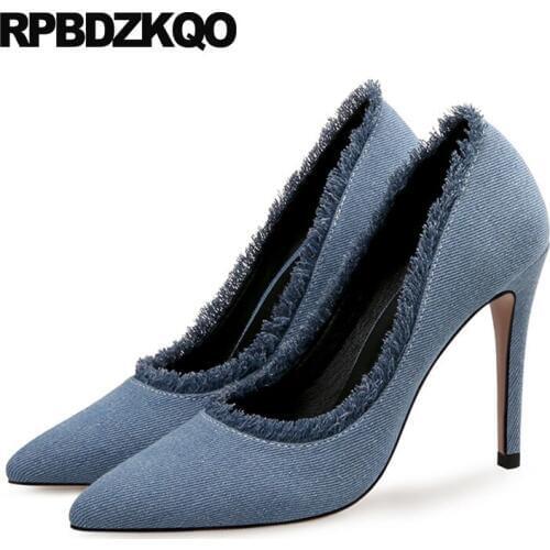 Exotic dancer denim pointed toe pumps stiletto 11 43 low heels ladies mid shoes high 10 42 ultra extreme 8cm designer big size