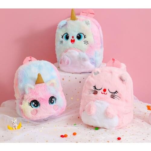 Kawaii Plush Unicorn Backpack for Children Cute Cartoon Cat Schoolbag Winter Autumn Kidergarten Kids Soft Fur Schoolbag