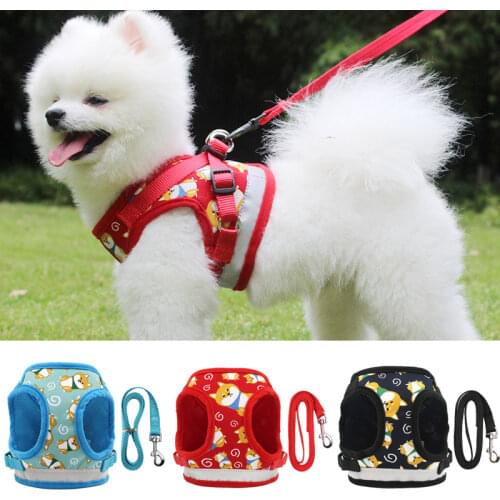 Reflective Dog Harness Vest for Small Medium Dogs Cartoon Shiba Inu Print Mesh Collar Puppy Cat Walking Lead Leash Pet Supplies