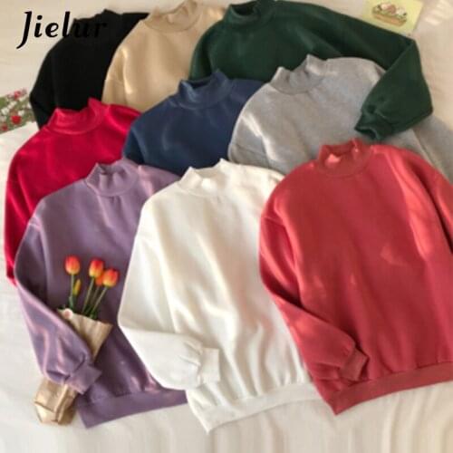 Jielur Hoodies Women Winter Solid Color New Fleece Korean Harajuku Sweatshirt Long Sleeve Basic Womens Pullover 9 Colors